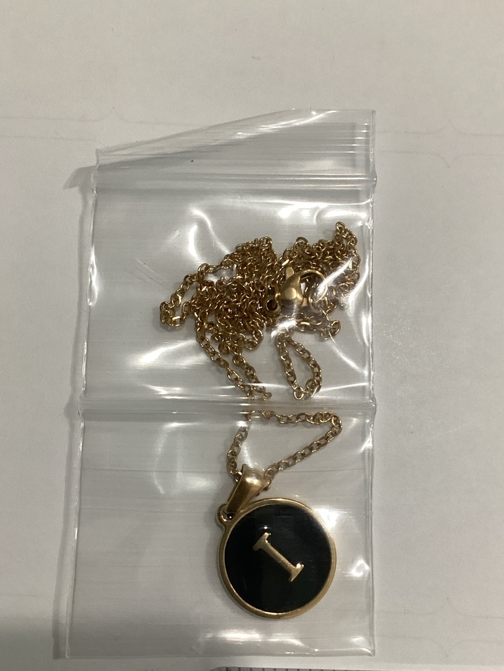 Gold Initial 'I' Pendant Necklace‎ with Black Enamel Disc
